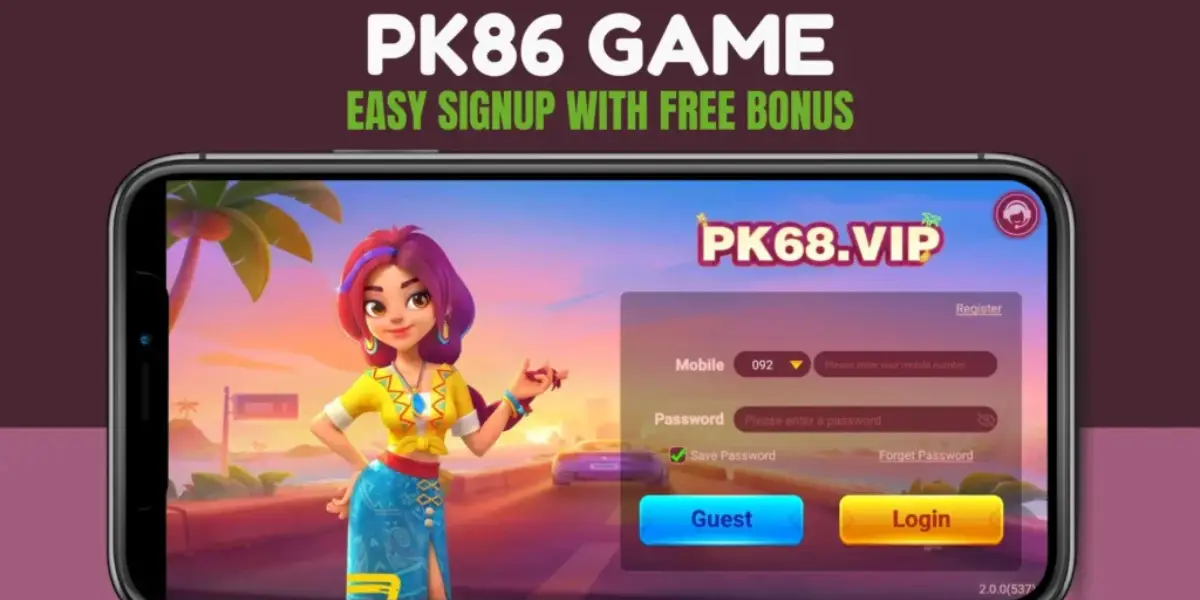 PK68 game login screen asking for mobile number and password